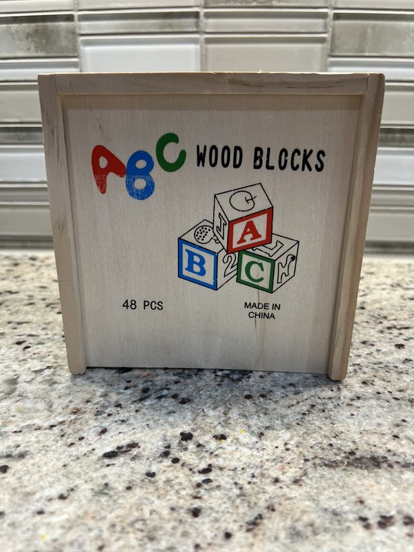 48 Wooden Blocks with Storage Box ABC’s 123’s Numbers Letters Alphabet Animals