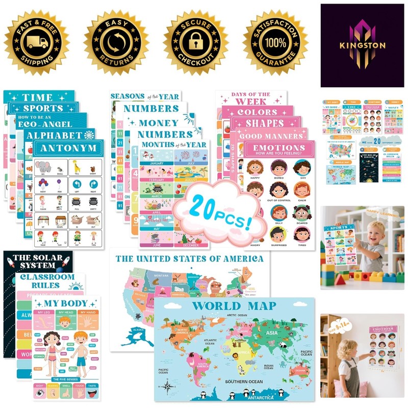 20 Vibrant Laminated Educational Posters for Toddlers 1-3 – Interactive Learning
