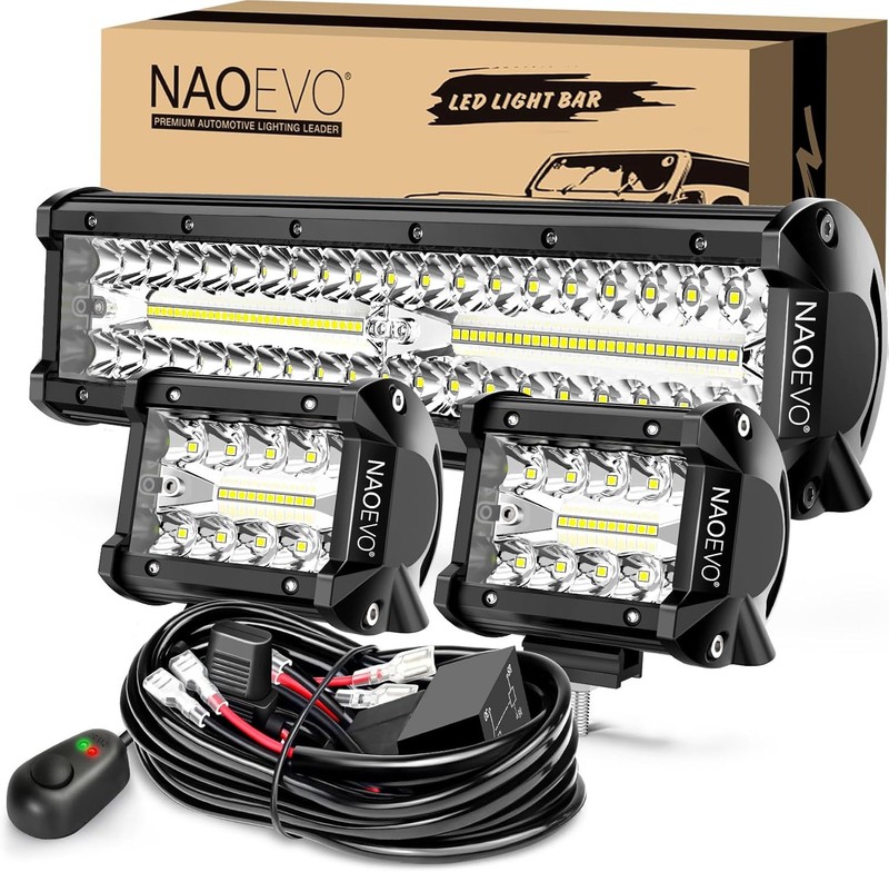 NAOEVO 12Inch LED Light Bar and 2PCS 4Inch LED Pod Lights, 420W 42000LM LED Fog/