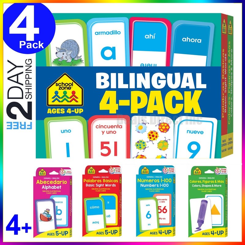 Spanish English Flash Cards Bilingual Vocabulary Phrases Numbers for Kids 4 Pack