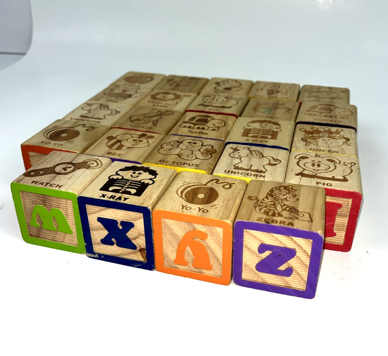 VTG Lot of 24 Alphabet Wood Block Letters Embossed Pictures kids Learning toys gallery