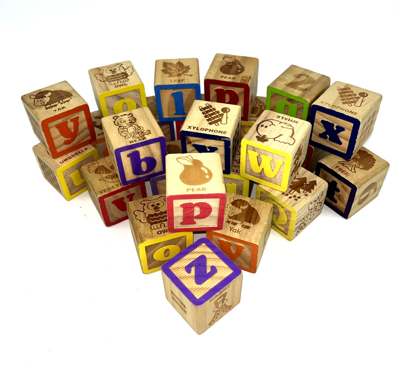 VTG Lot of 24 Alphabet Wood Block Letters Embossed Pictures kids Learning toys gallery