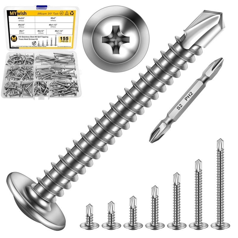Mywish 155 Pieces #8×1/2, 5/8″, 3/4″, 1″, 1-1/4″, 1-1/2″, 2″ Self Tapping Scr…