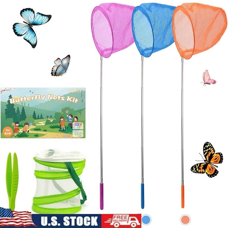 Telescopic Butterfly Net Kit W/ Pop Up Mesh Cage & Tweezers Outdoor Exploration