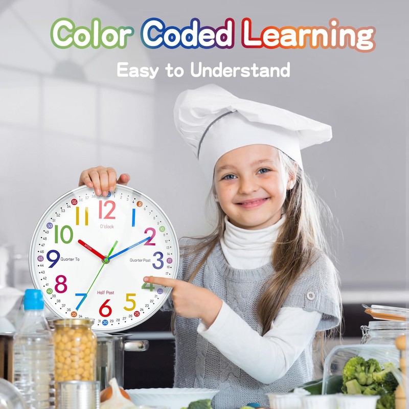 Teaching Clock For , Silent Non Ticking, Learn To Tell Time, White gallery