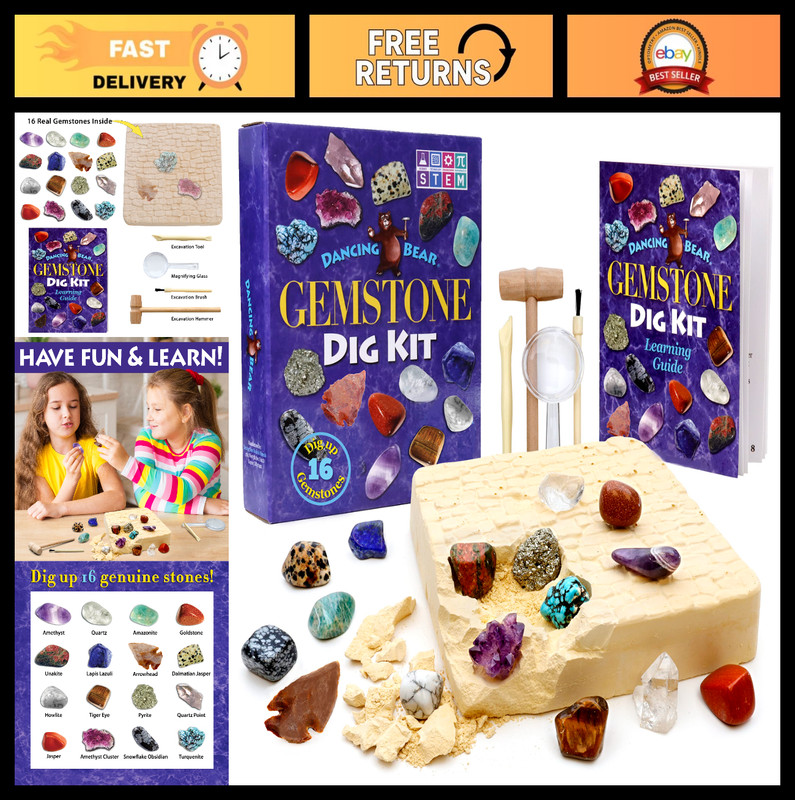 Gemstone Dig Kit – Excavate 16 Real Gems & Crystals, STEM Activity for Kids, Fun