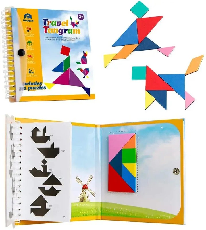 Magnetic Travel Tangram Book STEM Game Puzzle Shape Kids 3+ IQ Educational Toy