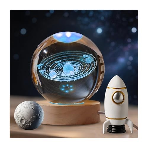 3D Solar System Crystal Ball with Light Base, Glass Ball 60mm-Solar System