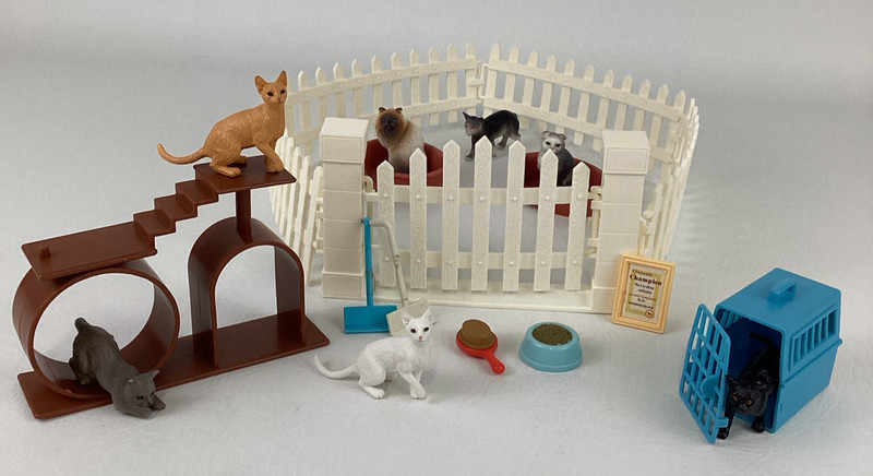 Vintage New Ray Kitty Cat Playset Miniature Animal Figures Fence Pet Carrier Lot