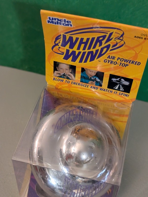 Uncle Milton Whirl Wind Silver Reflective Gyro-Top - Vtg Air Powered Gyroscope gallery
