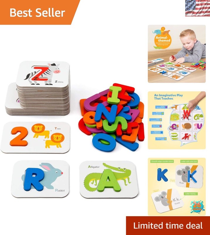 Numbers and Alphabets Flash Cards Set - ABC Wooden Letters and Numbers Animal...