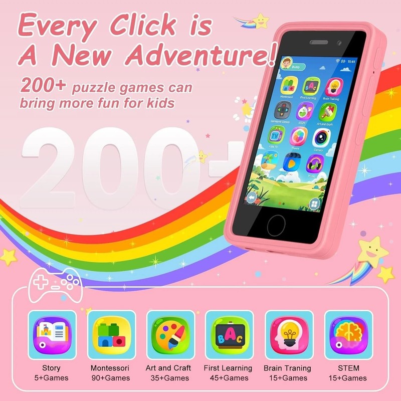 Toddler Smart Phone Pink, 3.97" Touchscreen, 200+ Games, 5 Storybooks, Ages 3-9 gallery