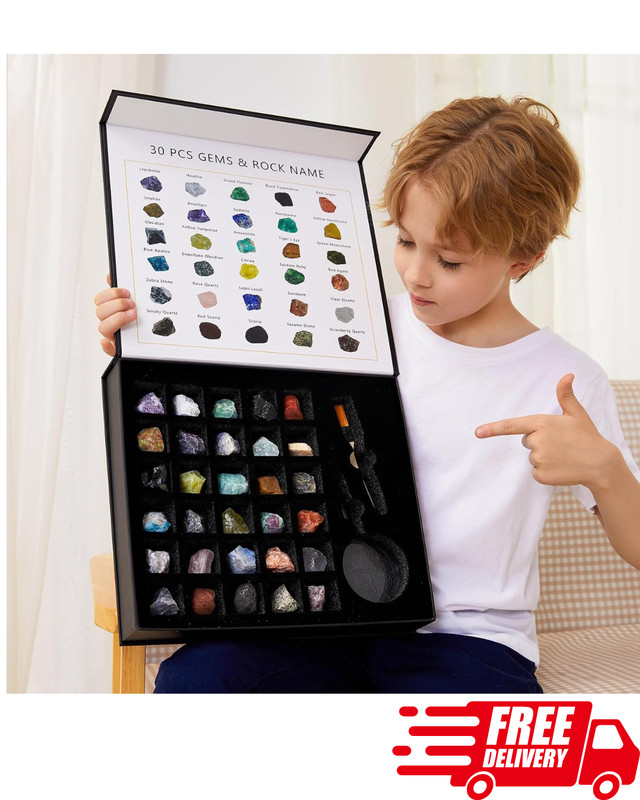 30PC Kids Rock and Mineral Kit Gemstones Crystals STEM Science Education Set
