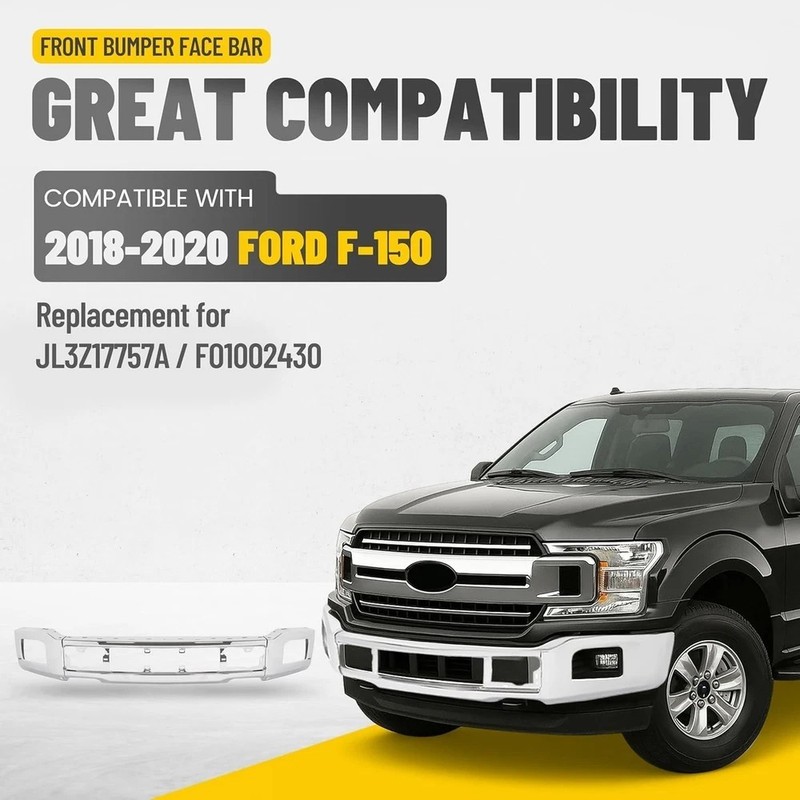 18-20 Ford F150 Front Bumper Face Bar w/ Fog Light Hole Impact Bar Chrome gallery