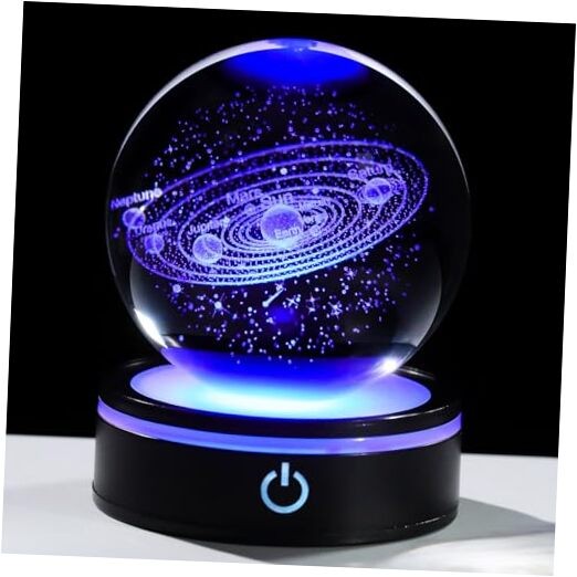 3D Crystal Ball 80mm with Light Base, Laser Engraved Glass Planet Solar System