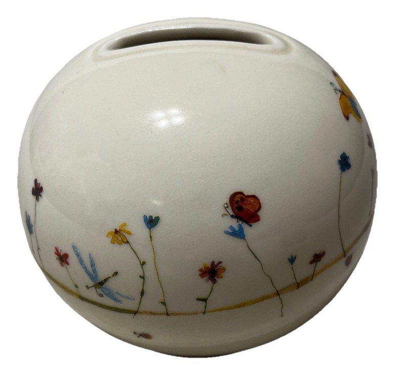 Butterfly Floral White Oval Ceramic Piggy Bank With Stopper Spring Decor