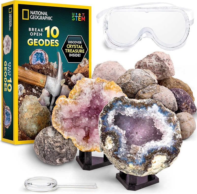 Break Open 10 Premium Geodes – STEM Science Kit with Goggles & Display Stands