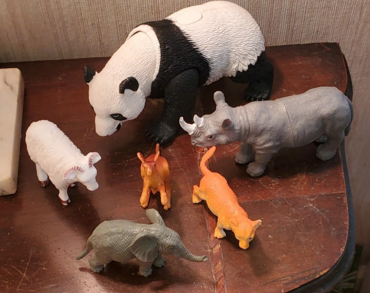 Lot of 6 Plastic Animals: Panda Bear, Rhinoceros, Elephant, Kangaroo