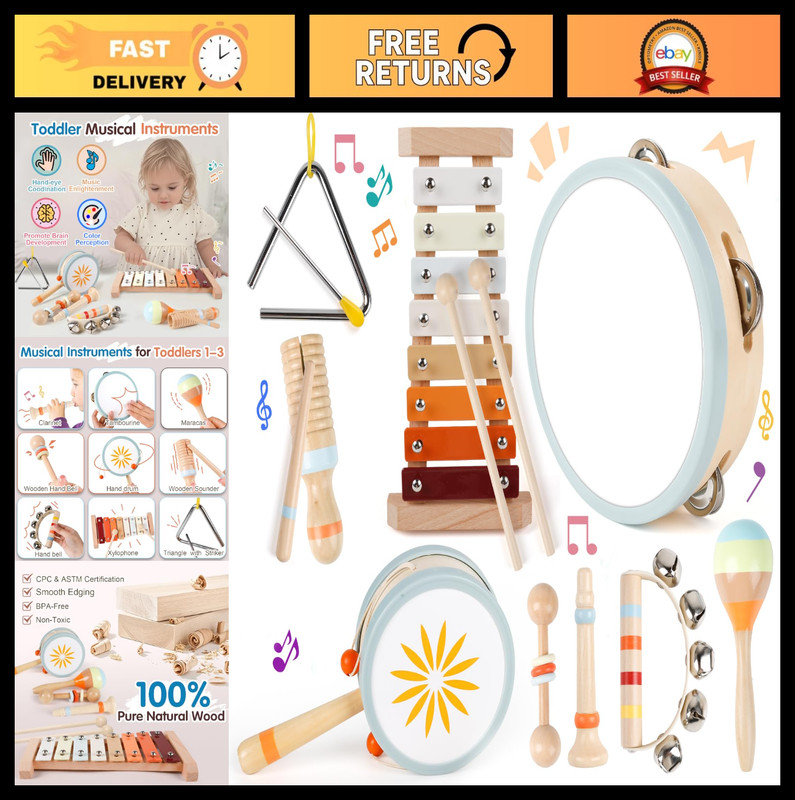 9PCS Wooden Musical Instruments Set for Toddlers, Montessori Baby Toys, Xylophon