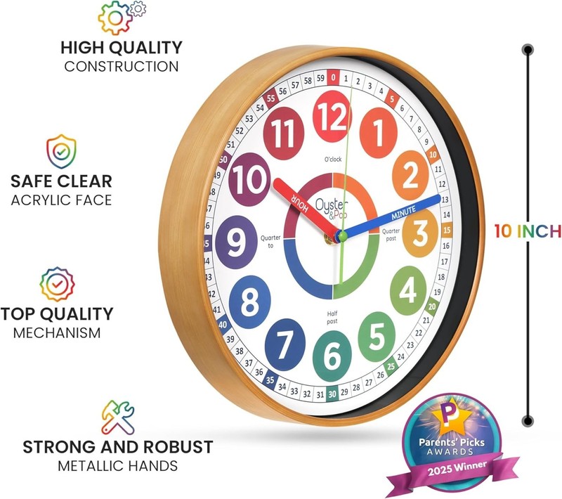 10" Silent Wall Clock for Kids with Labelled Hands and Numbers, Educational Tool gallery