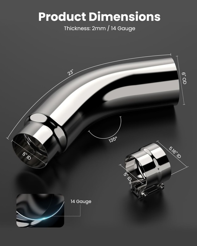 5'' ID Diesel Exhaust Elbow 5'' Inlet 6'' Outlet Chrome Turndown Tip gallery