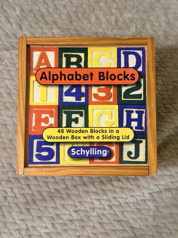 Vtg Schylling Wooden Alphabet Blocks 48 count with Wooden Box Sliding Lid GC