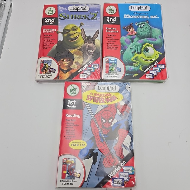 Lot 3 LeapFrog LeapPad Marvel The Amazing Spider-Man, Shrek, Monster Grades 1 2