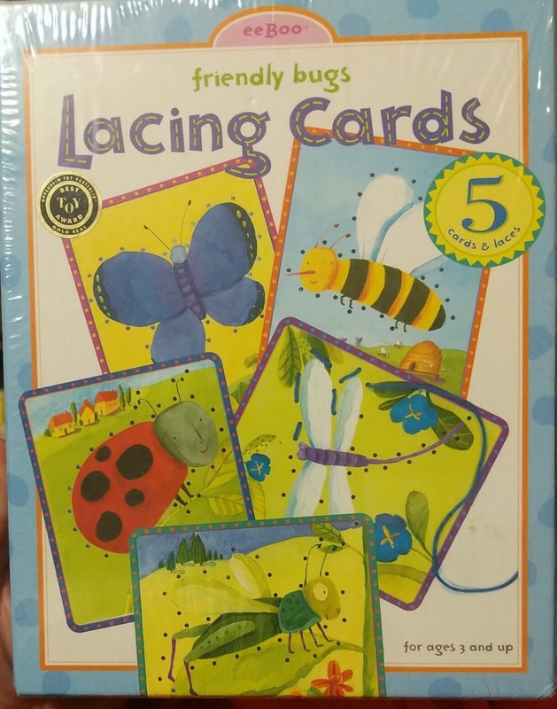 LACING CARDS EEBOO FRIENDLY BUGS 5 Cards + Laces BEST TOY AWARD GOLD SEAL Age 5+