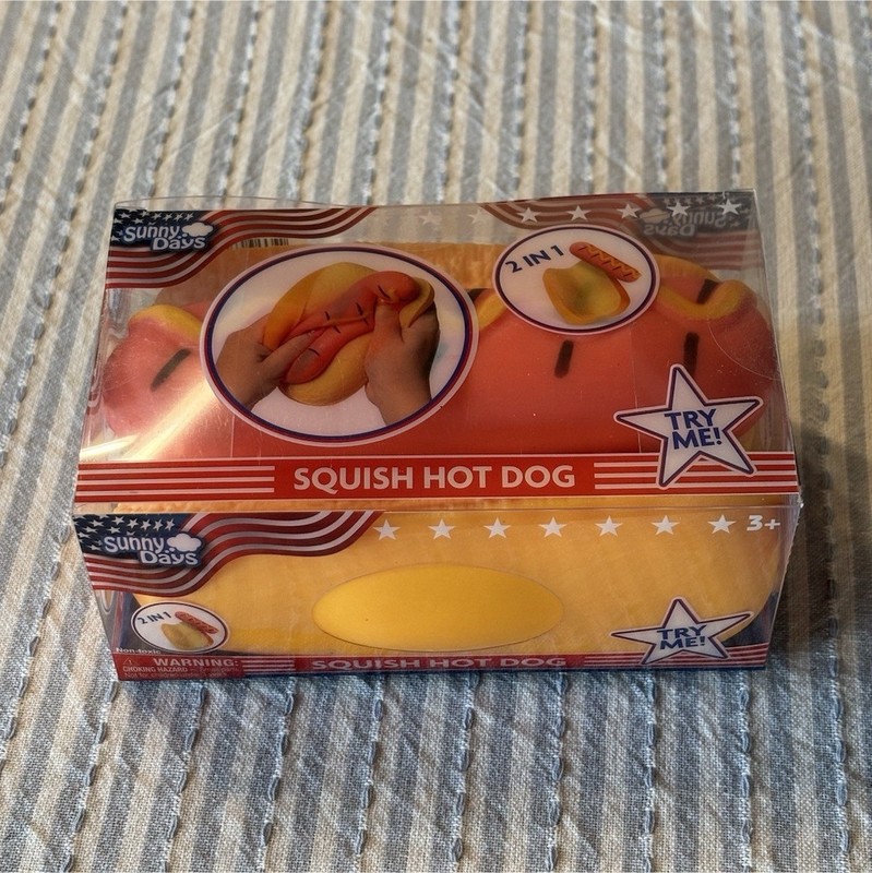 Sunny Days Squish Hot Dog 2-in-1 Tactile Squeeze Toy, Yellow/Orange/Read, New