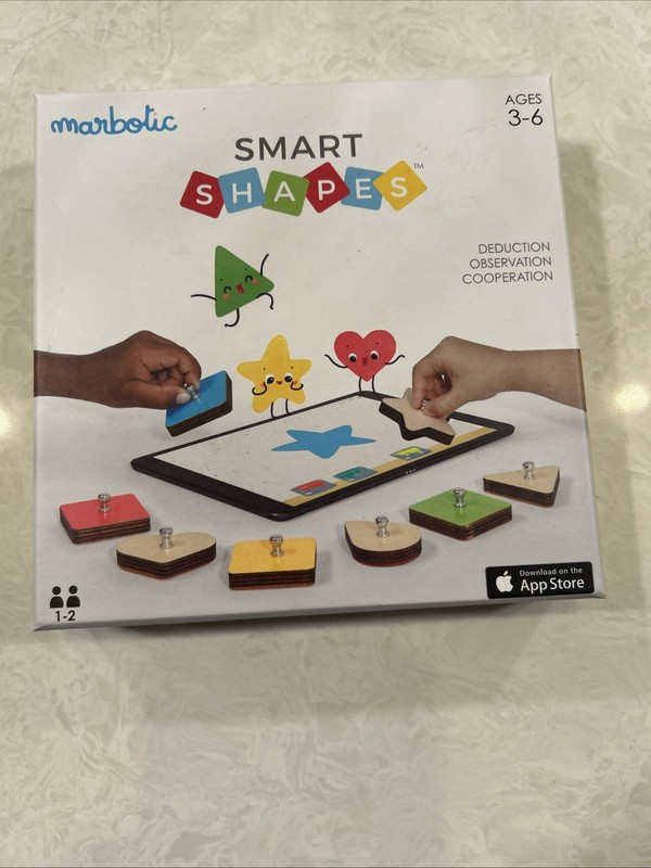 Marbotic Smart Shapes interactive learning toy with physical wooden shapes.