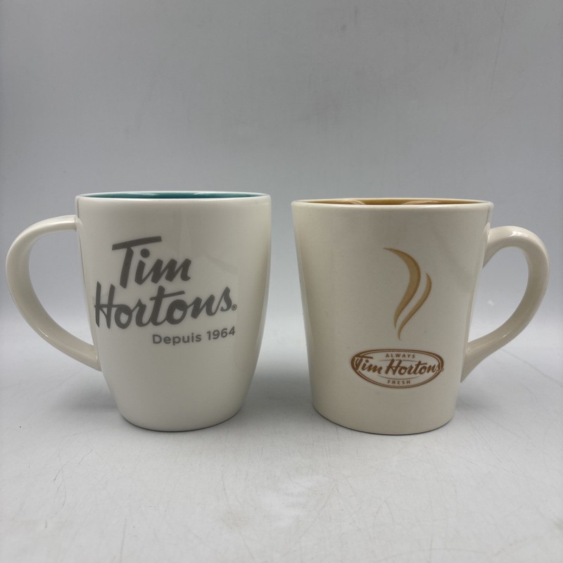 Pair Of Tim Hortons Limited Edition #014 / 006 Coffee Mugs Gold & Teal Inside