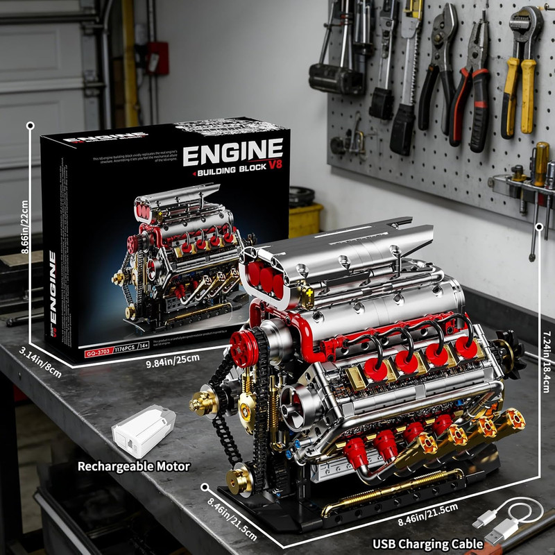 V8 Engine Model Kit That Runs, 8-Cylinder Car Engine Building Set with Rechargea gallery