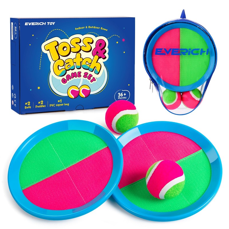 EVERICH Upgraded Toss and Catch Ball Game Set – 2 paddles 2 balls, Pink Green