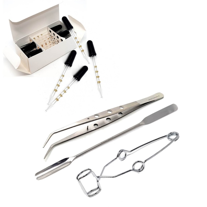 15pc School Science Chemistry Lab Kit Droppers Test Tube Clamp Tweezers Spatulas