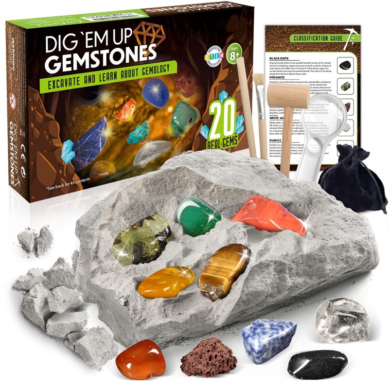 Gemstone Dig Kit Excavate 20 Real Gems Science Kit for Kids Age 8-12 Educational