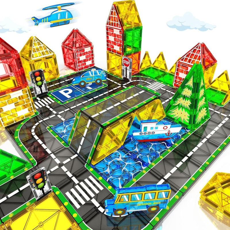 Magnetic Tiles Road Set with Car Magnet Building Tile Toys for Kids Ages 3-5 4-8