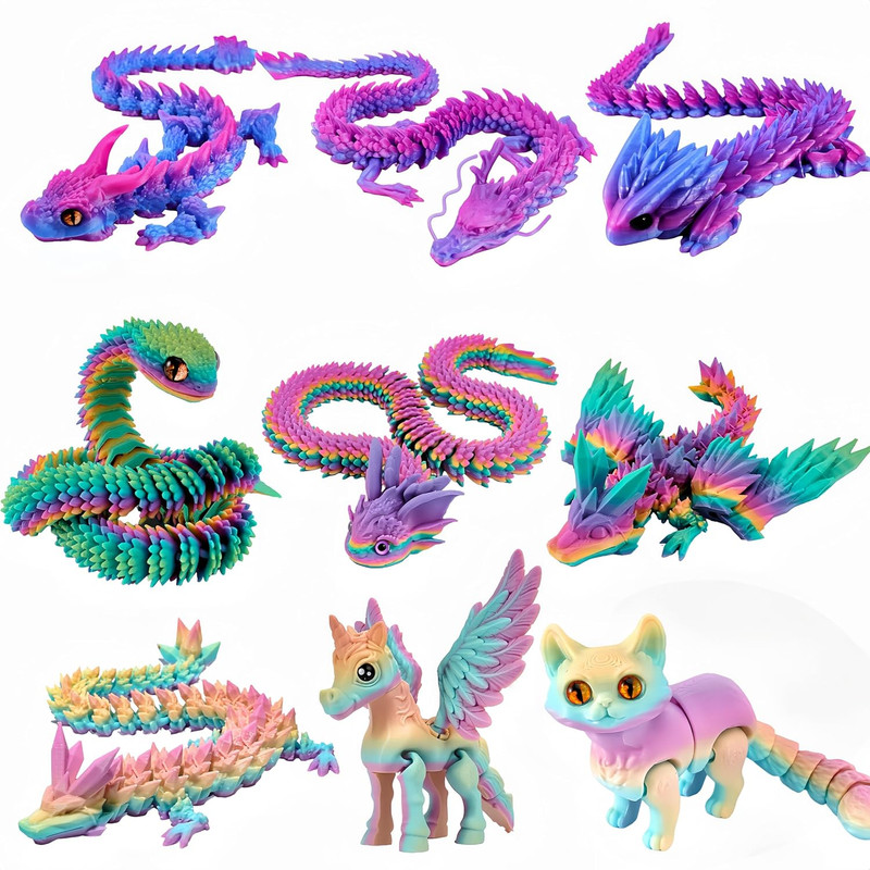 9PCS 3D Printed Animals,12In Flexible 3D Printed Animals Dragon Cat Snake Horse