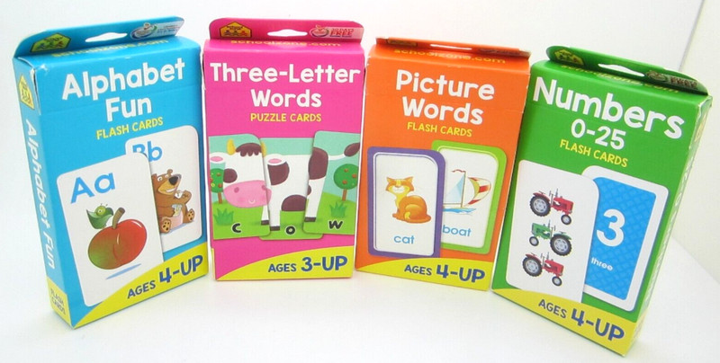 School Zone Flash Cards 4 Pack Alphabet, 3 Letter Words, Picture Words, & Number