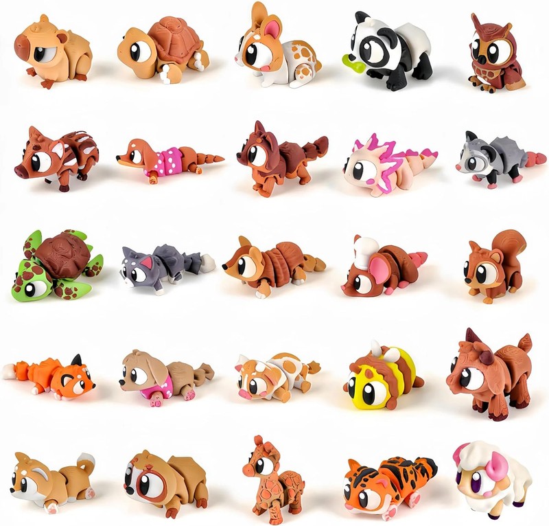 25pcs Mini 3D Printed Animals Figurines Set with Big Eyes,Flexible Articulated F