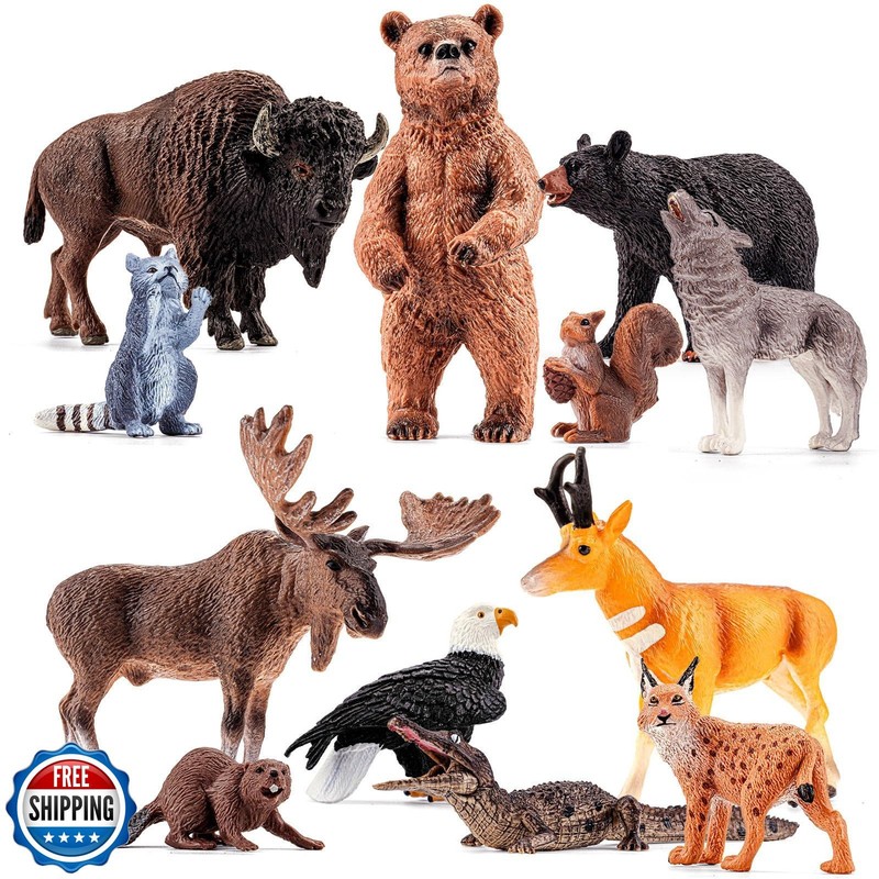 THINKBAY 12PCS Large North American Animal Figurines, Realistic Safari Woodla