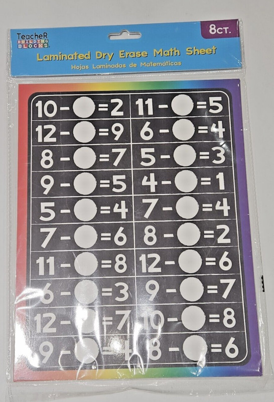 Teacher Building Blocks Laminated Dry Erase Math Sheet 8 ct. 8.5” X 11”