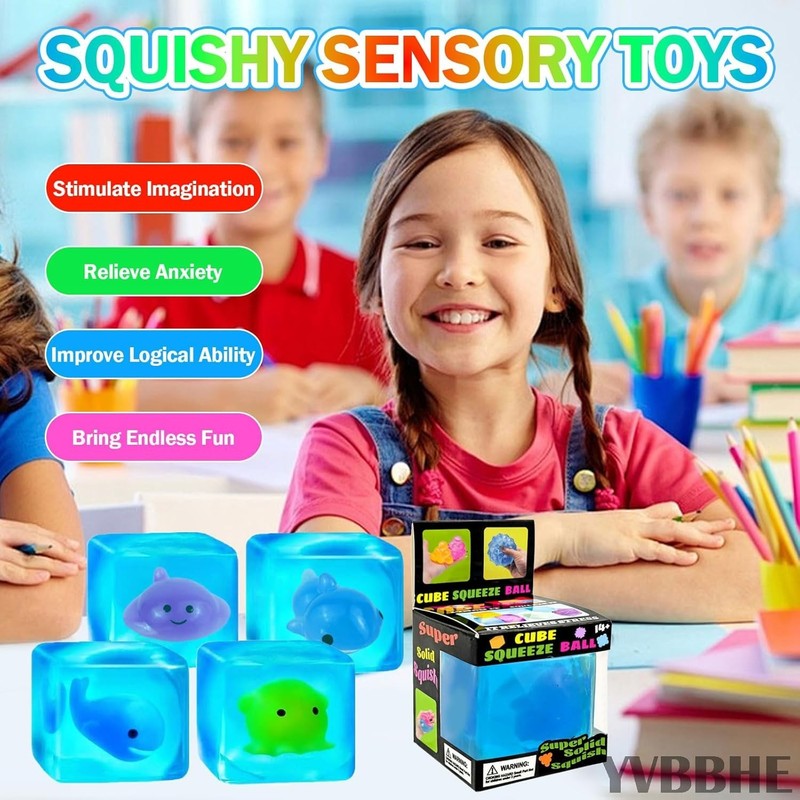 4 Pack Blue Squeeze Cube with Luminous Sea ​​Animals Inside，Squishy Stress Fi... gallery