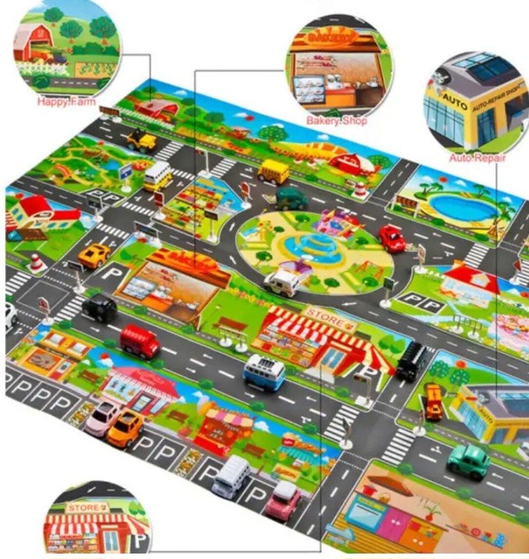 Play Floor Mat Multi Pc +Traffic Road Signs + 12 Pull Back Cars Set Size 51 in
