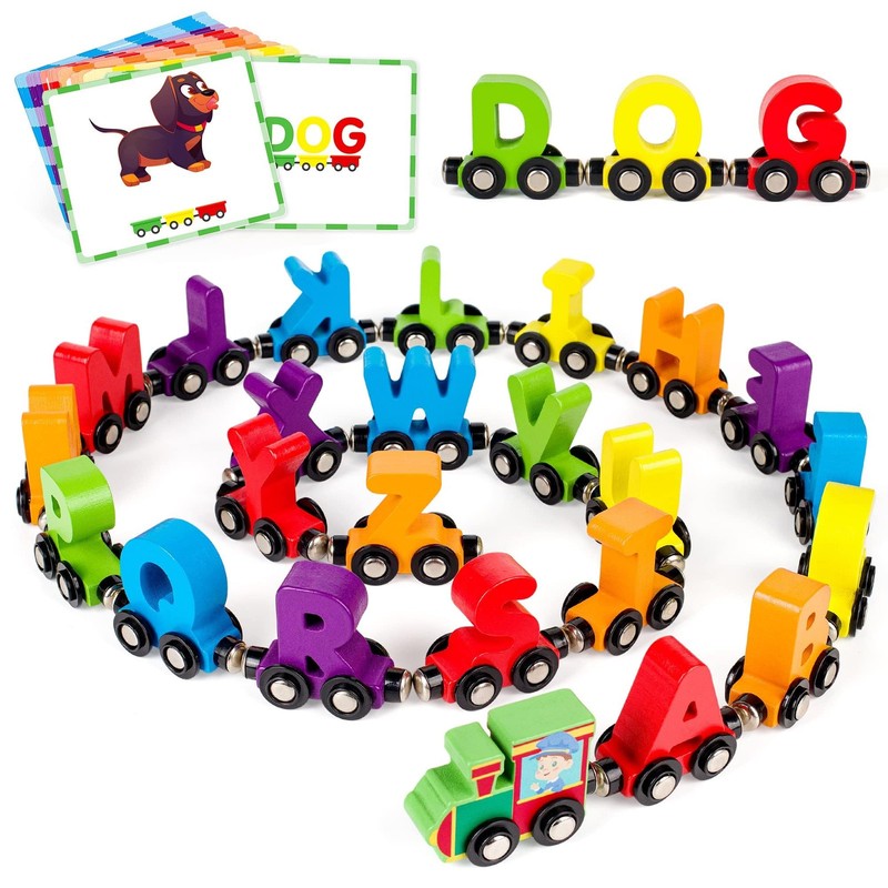 27 PCS Magnetic Wooden Alphabet Train Sets | ABC Letter Learning Toy Trains w…
