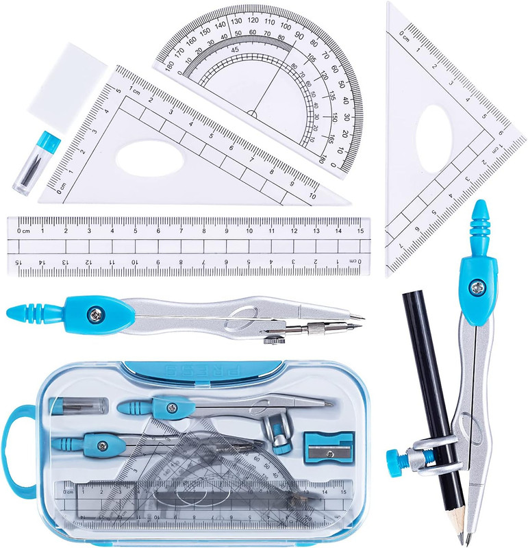 Math Geometry Kit Set 10 Pieces with Shatterproof Storage Box, Student Supplies