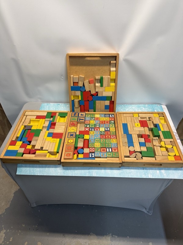 Vintage Wooden Alphabet Blocks & Shapes Colors Building Learning Blocks W/trays