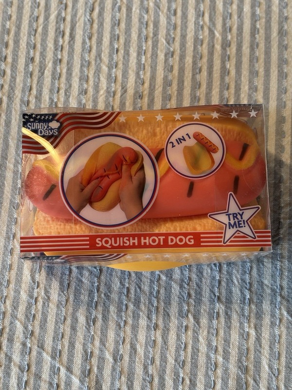 Sunny Days Squish Hot Dog 2-in-1 Tactile Squeeze Toy, Yellow/Orange/Read, New gallery