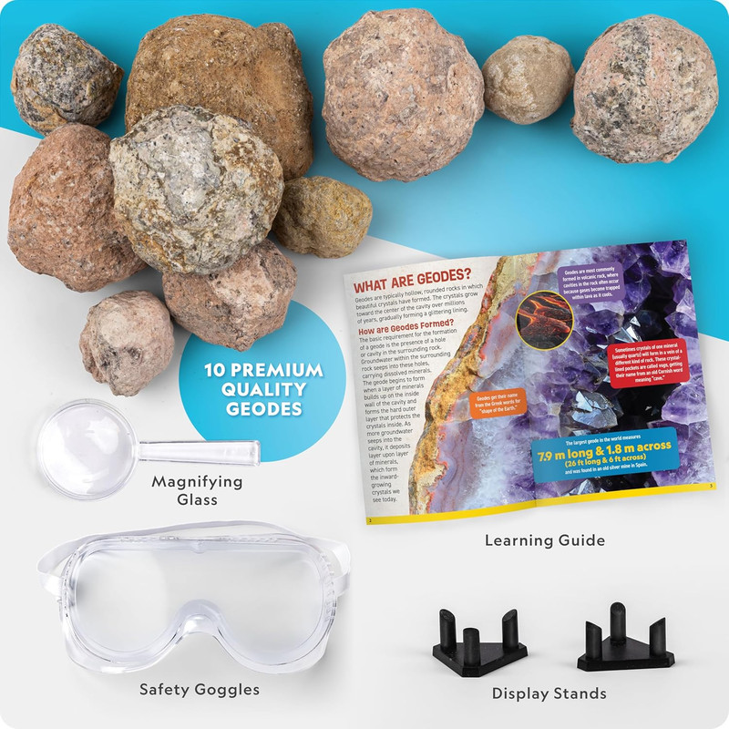 Break Open 10 Premium Geodes - STEM Science Kit with Goggles & Display Stands gallery