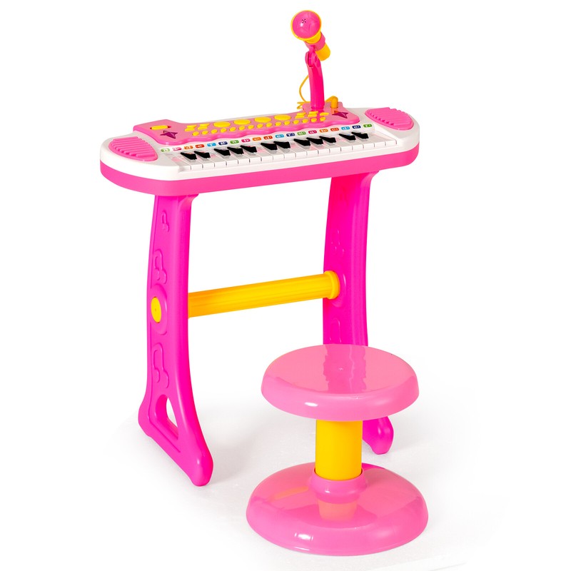 31-Key Kids Piano Stool Set w/ 8 Tones&4 Percussion Instruments &7 Rhythms Pink
