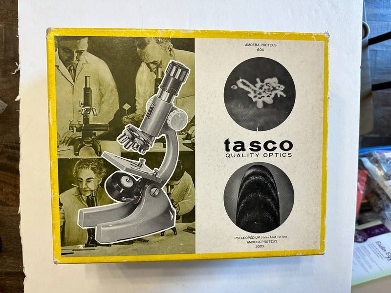 Vintage Tasco Microscope Kit 750xkz #970-5 Zoom Scout 1966 in wooded box.